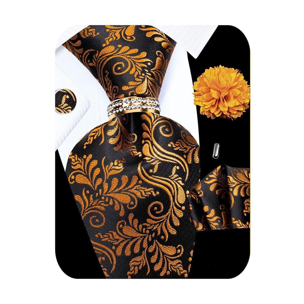 3985 5PCS Gold Floral Tie and Pocket Square , Silk Necktie and Handkerchief